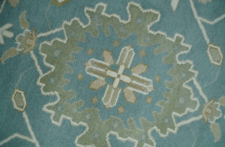 9.2x12.5 Hand Knotted Oriental Oushak Teal, Ivory and Beige Wool Area Rug - The Rug Decor