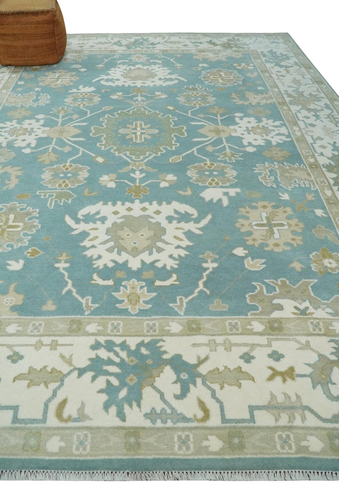 9.2x12.5 Hand Knotted Oriental Oushak Teal, Ivory and Beige Wool Area Rug - The Rug Decor