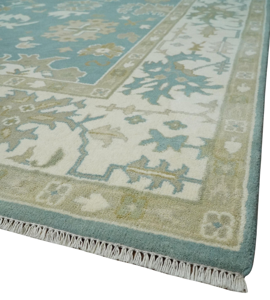 9.2x12.5 Hand Knotted Oriental Oushak Teal, Ivory and Beige Wool Area Rug - The Rug Decor
