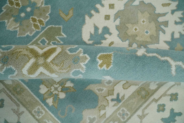 9.2x12.5 Hand Knotted Oriental Oushak Teal, Ivory and Beige Wool Area Rug - The Rug Decor