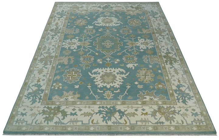 9.2x12.5 Hand Knotted Oriental Oushak Teal, Ivory and Beige Wool Area Rug - The Rug Decor