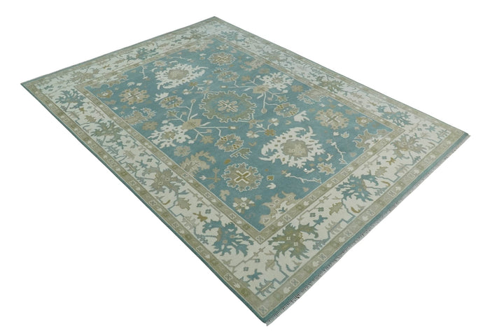 9.2x12.5 Hand Knotted Oriental Oushak Teal, Ivory and Beige Wool Area Rug - The Rug Decor