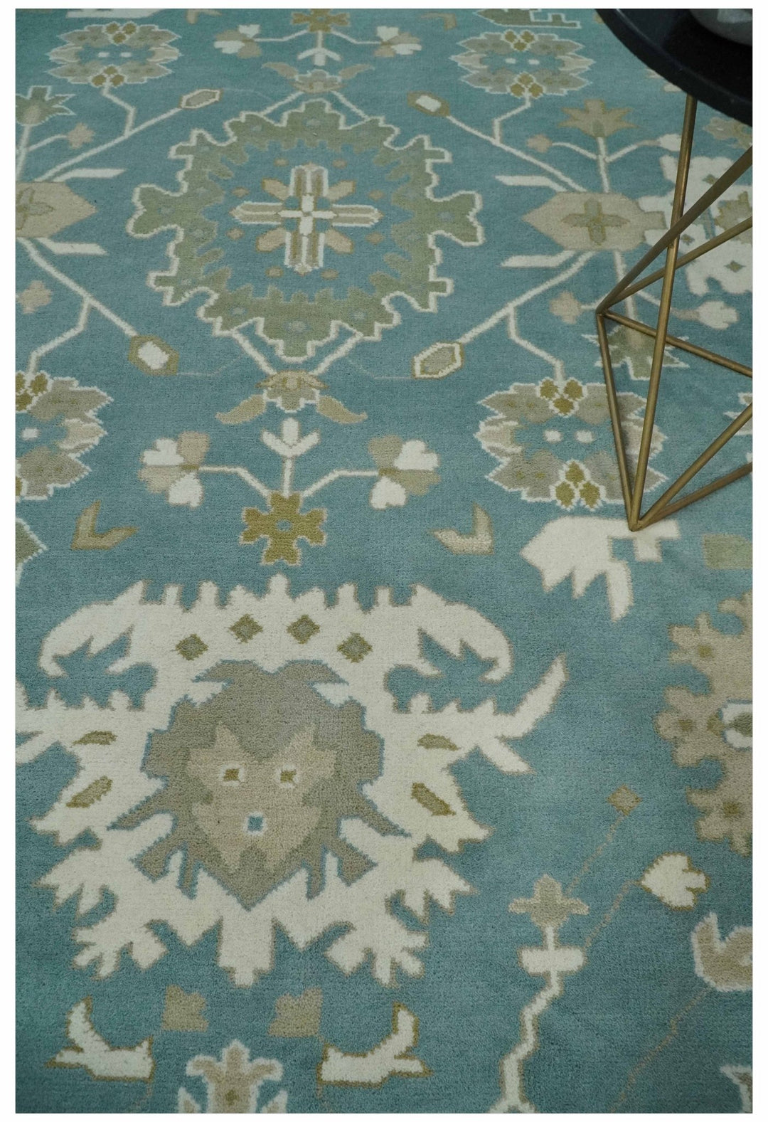 9.2x12.5 Hand Knotted Oriental Oushak Teal, Ivory and Beige Wool Area Rug - The Rug Decor