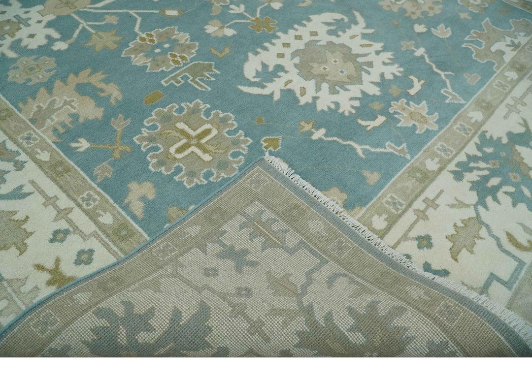9.2x12.5 Hand Knotted Oriental Oushak Teal, Ivory and Beige Wool Area Rug - The Rug Decor