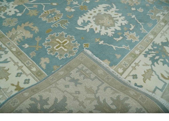 9.2x12.5 Hand Knotted Oriental Oushak Teal, Ivory and Beige Wool Area Rug - The Rug Decor