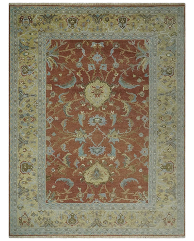 9.4x11.9 Hand Knotted Low Pile Rust, Beige and Blue Traditional Wool Area Rug - The Rug Decor