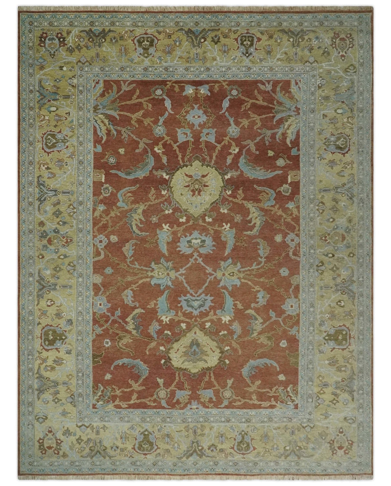 9.4x11.9 Hand Knotted Low Pile Rust, Beige and Blue Traditional Wool Area Rug - The Rug Decor