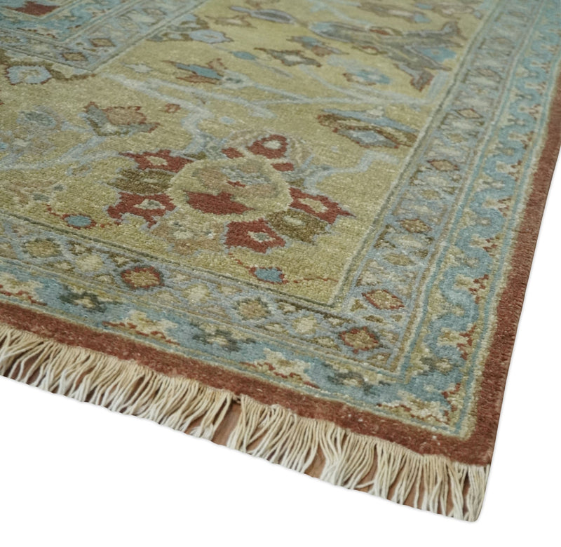 9.4x11.9 Hand Knotted Low Pile Rust, Beige and Blue Traditional Wool Area Rug - The Rug Decor