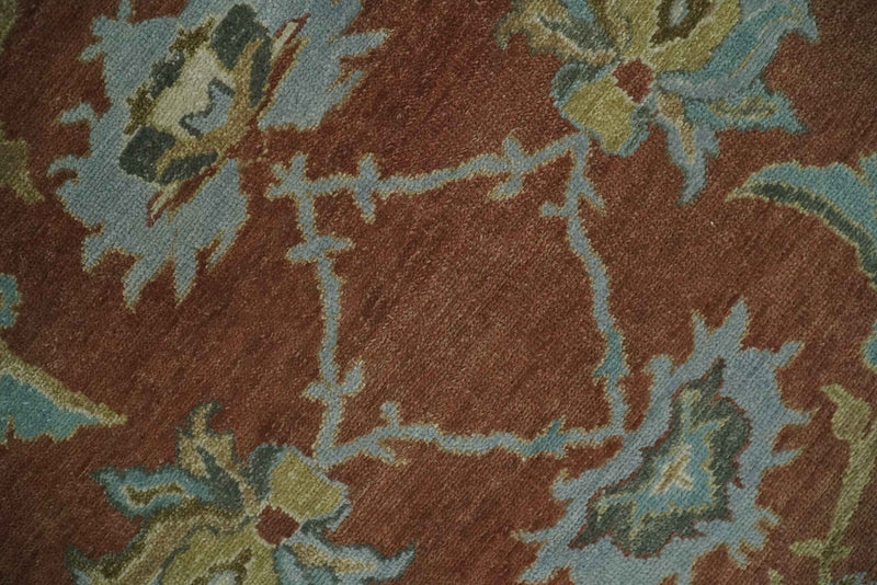 9.4x11.9 Hand Knotted Low Pile Rust, Beige and Blue Traditional Wool Area Rug - The Rug Decor