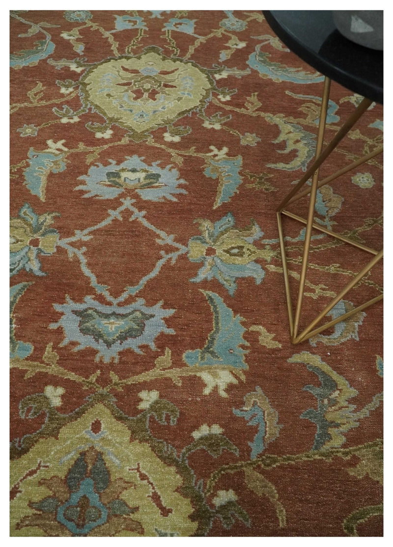 9.4x11.9 Hand Knotted Low Pile Rust, Beige and Blue Traditional Wool Area Rug - The Rug Decor