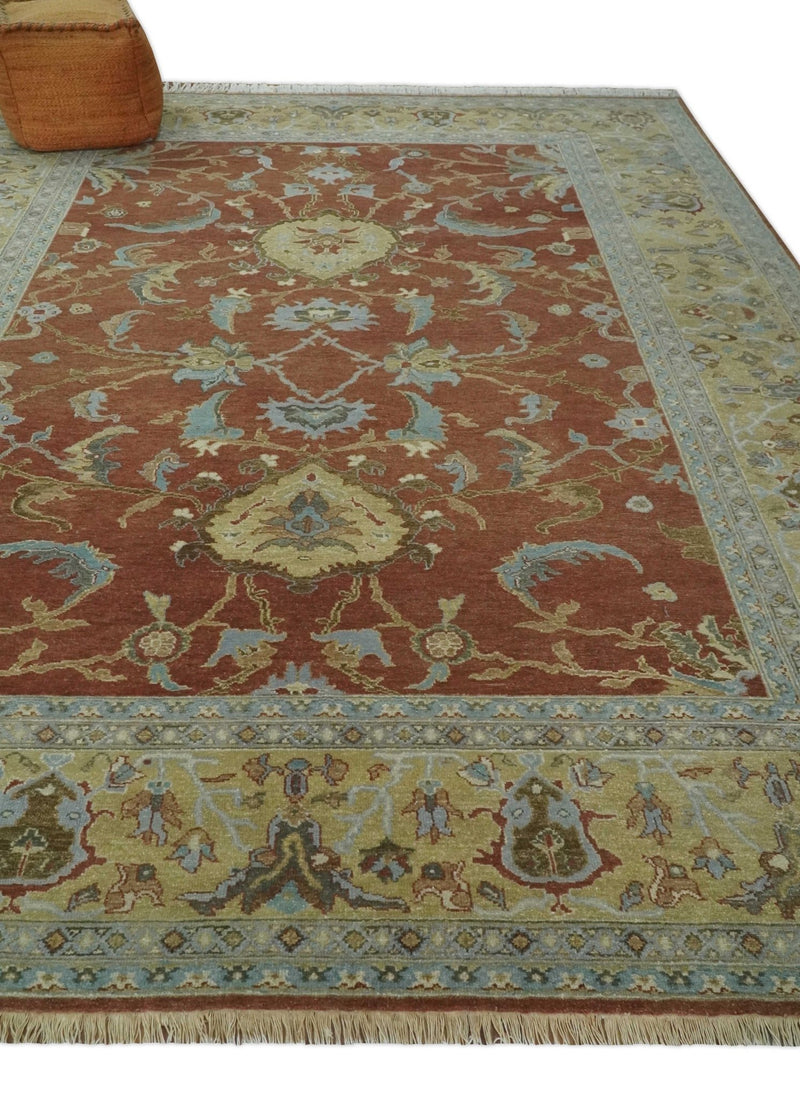 9.4x11.9 Hand Knotted Low Pile Rust, Beige and Blue Traditional Wool Area Rug - The Rug Decor