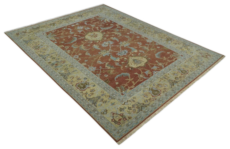 9.4x11.9 Hand Knotted Low Pile Rust, Beige and Blue Traditional Wool Area Rug - The Rug Decor