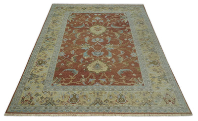 9.4x11.9 Hand Knotted Low Pile Rust, Beige and Blue Traditional Wool Area Rug - The Rug Decor