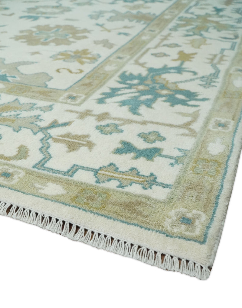 Hand Knotted Ivory, Beige and Teal Antique look Traditional Oushak Multi Size Wool Area Rug