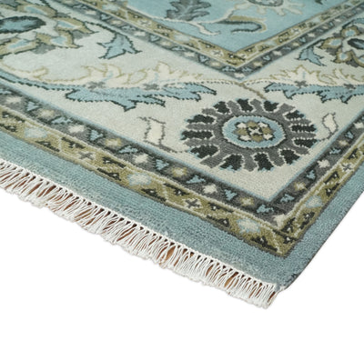 8x10 and 9x12 Antique Hand Knotted Blue and Ivory Traditional Vintage Persian Oushak Wool Rug | TRDCP998912