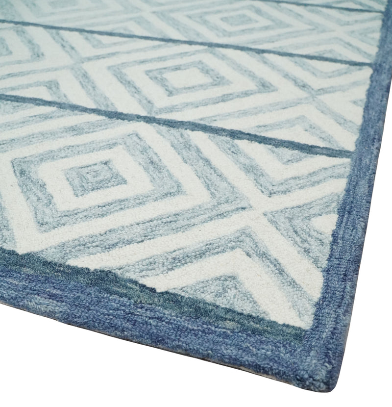 Multi Size Hand Tufted Ivory, Gray and Blue Geometrical Shape Style Rug