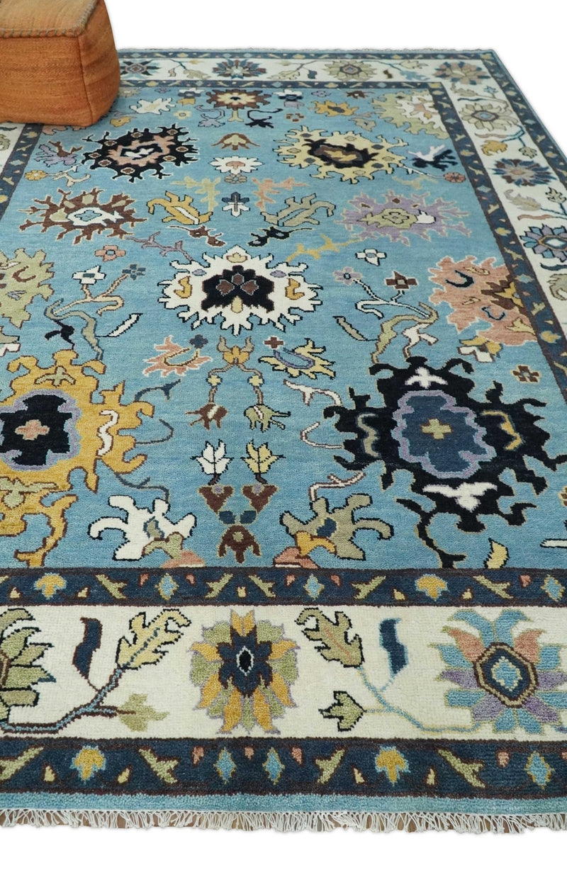 9x12 Antique Hand Knotted Blue and Ivory Traditional Vintage Persian Oushak Wool Rug | TRDCP954912 - The Rug Decor