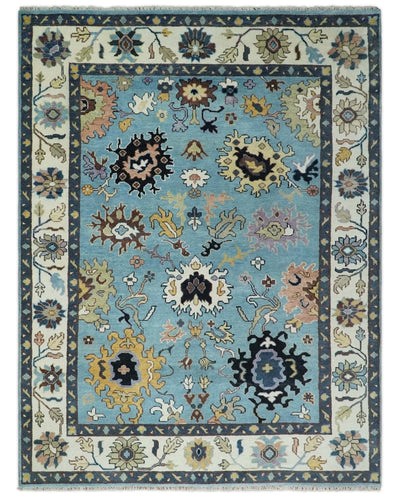9x12 Antique Hand Knotted Blue and Ivory Traditional Vintage Persian Oushak Wool Rug | TRDCP954912 - The Rug Decor