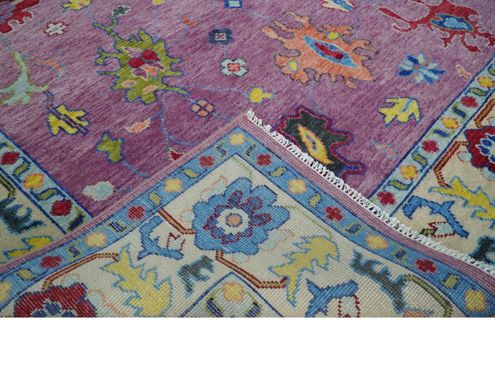 9x12 Antique Hand Knotted Purple, Beige and Blue Traditional Vintage Oushak Wool Rug | TRDCP1352912 - The Rug Decor