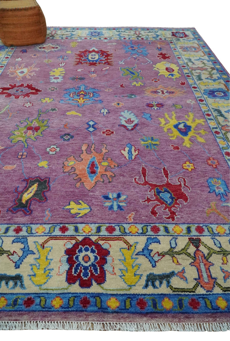 9x12 Antique Hand Knotted Purple, Beige and Blue Traditional Vintage Oushak Wool Rug | TRDCP1352912 - The Rug Decor
