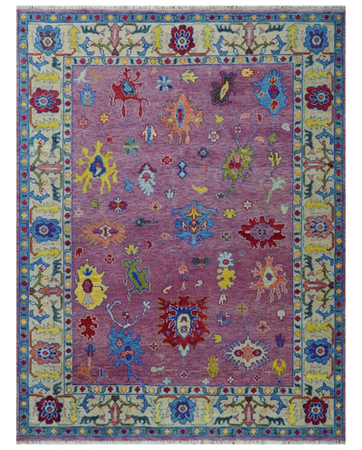 9x12 Antique Hand Knotted Purple, Beige and Blue Traditional Vintage Oushak Wool Rug | TRDCP1352912 - The Rug Decor
