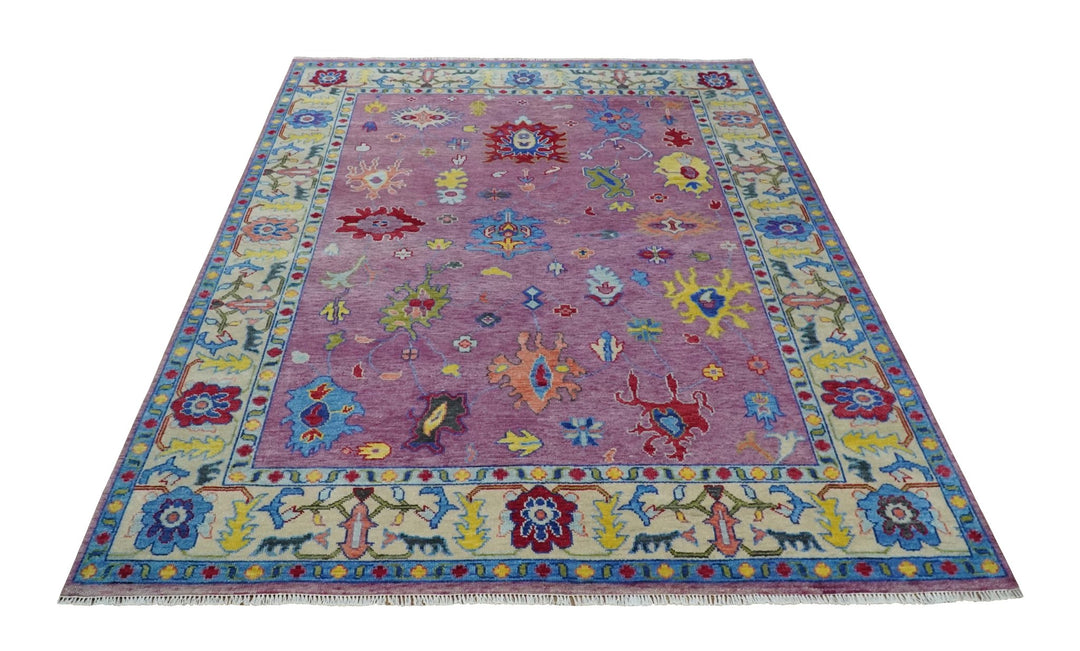9x12 Antique Hand Knotted Purple, Beige and Blue Traditional Vintage Oushak Wool Rug | TRDCP1352912 - The Rug Decor