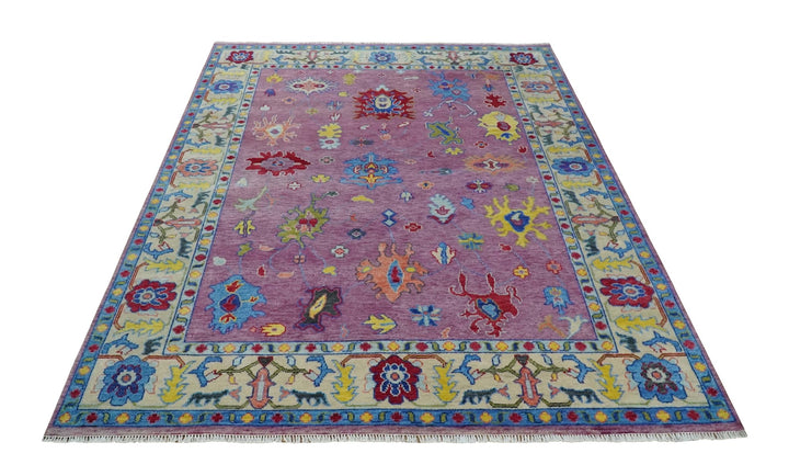 9x12 Antique Hand Knotted Purple, Beige and Blue Traditional Vintage Oushak Wool Rug | TRDCP1352912 - The Rug Decor
