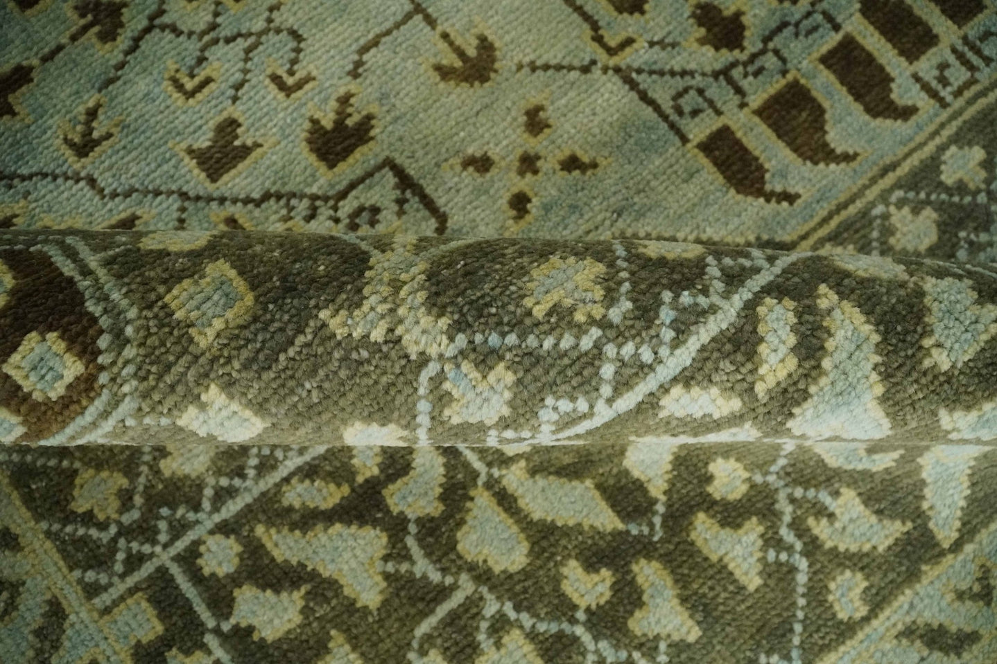 9x12 Antique Style Hand Knotted Green and Silver Medallion Pattern Wool Area Rug - The Rug Decor