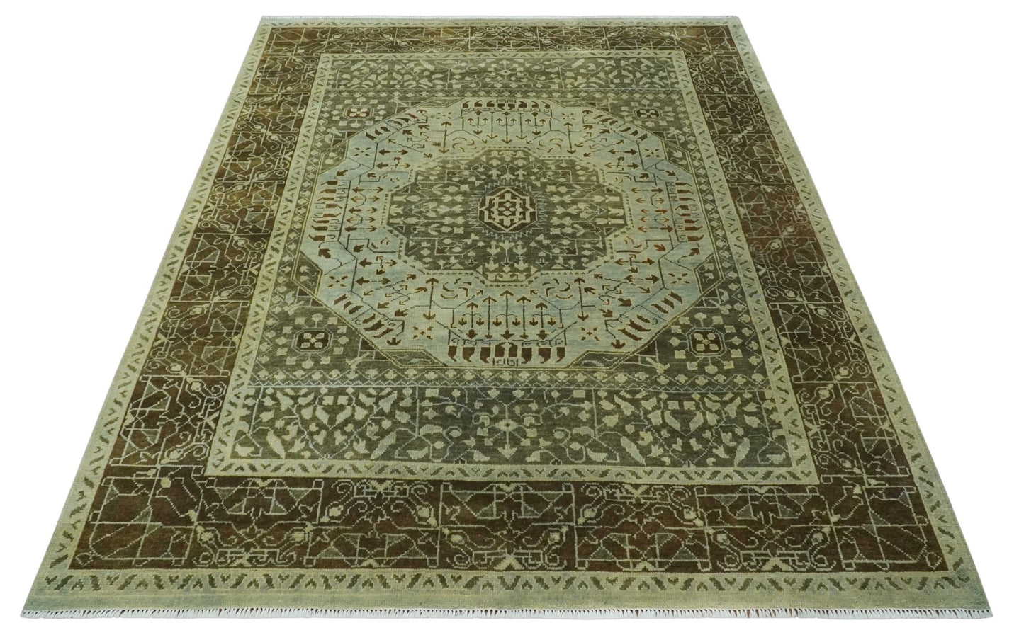 9x12 Antique Style Hand Knotted Green and Silver Medallion Pattern Wool Area Rug - The Rug Decor
