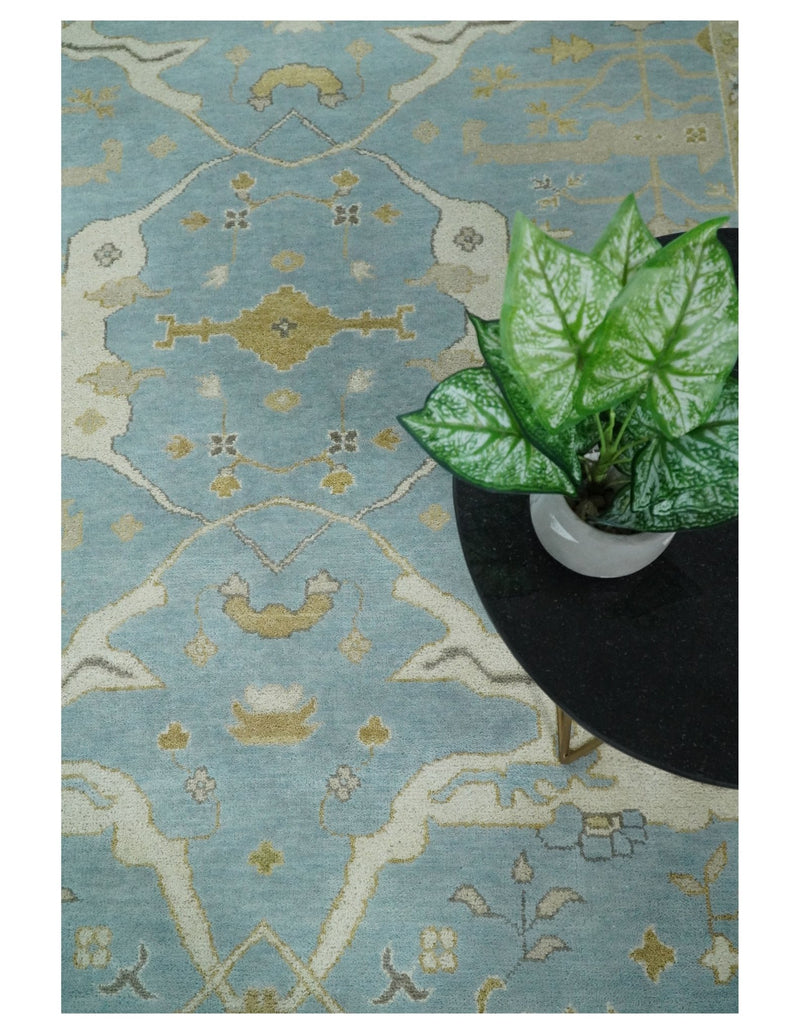 9x12 Blue and Beige Hand Knotted Antique Turkish Oushak Large Wool Area Rug | TRDCP260912 - The Rug Decor