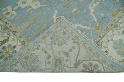 9x12 Blue and Beige Hand Knotted Antique Turkish Oushak Large Wool Area Rug | TRDCP260912 - The Rug Decor