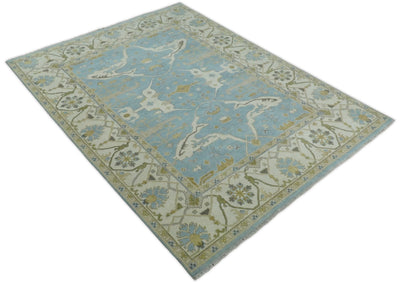 9x12 Blue and Beige Hand Knotted Antique Turkish Oushak Large Wool Area Rug | TRDCP260912 - The Rug Decor