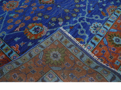 9x12 Blue and Rust Hand Knotted Traditional Floral Oushak Wool Area Rug - The Rug Decor