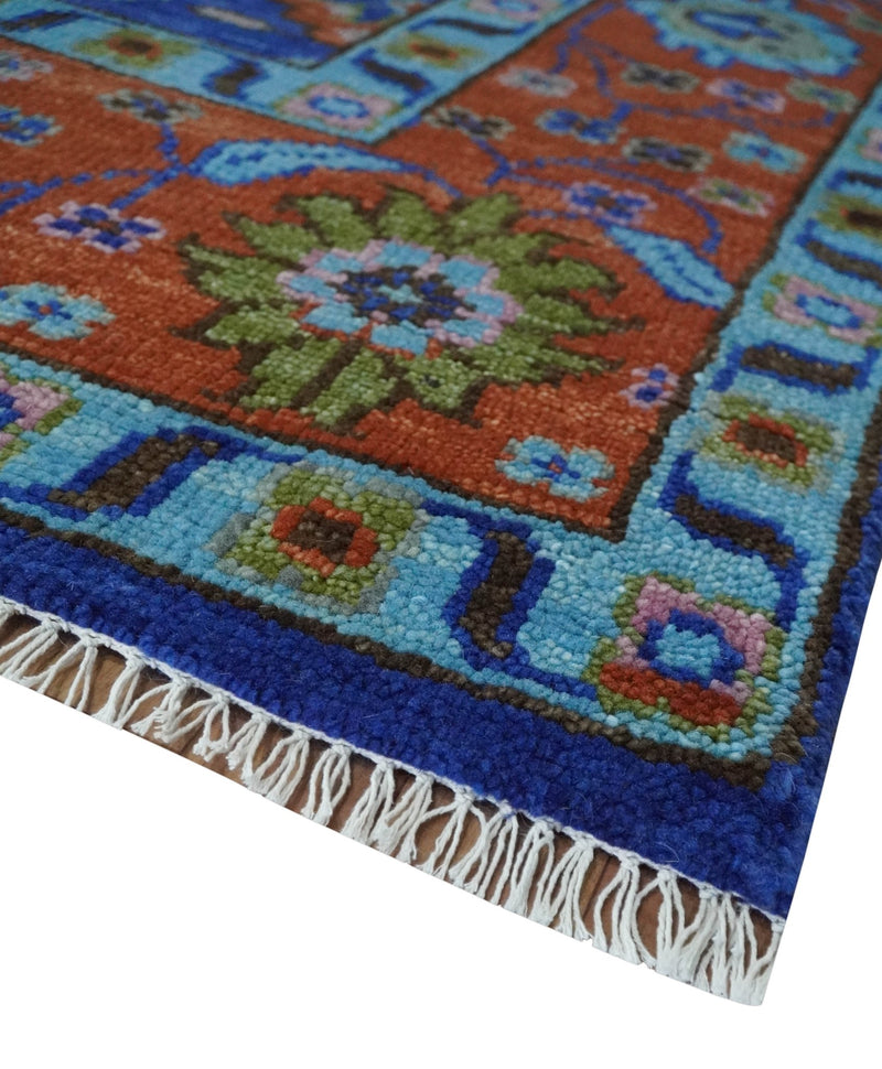 9x12 Blue and Rust Hand Knotted Traditional Floral Oushak Wool Area Rug - The Rug Decor