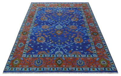 9x12 Blue and Rust Hand Knotted Traditional Floral Oushak Wool Area Rug - The Rug Decor