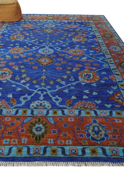 9x12 Blue and Rust Hand Knotted Traditional Floral Oushak Wool Area Rug - The Rug Decor