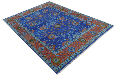 9x12 Blue and Rust Hand Knotted Traditional Floral Oushak Wool Area Rug - The Rug Decor