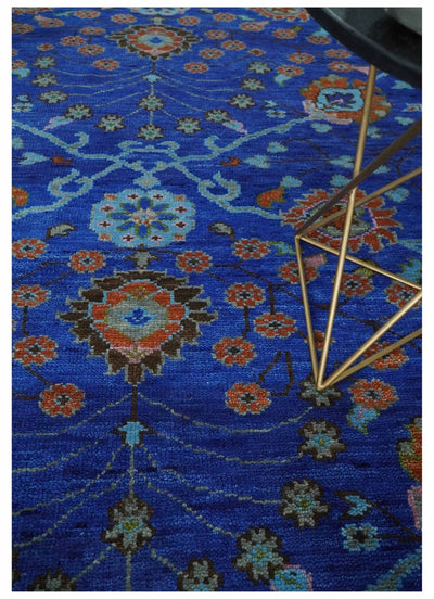 9x12 Blue and Rust Hand Knotted Traditional Floral Oushak Wool Area Rug - The Rug Decor