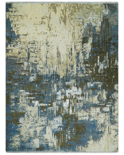 9x12 Fine Hand Knotted Beige and Blue Modern Abstract Style Antique Wool and Silk Area Rug | AGR31 - The Rug Decor