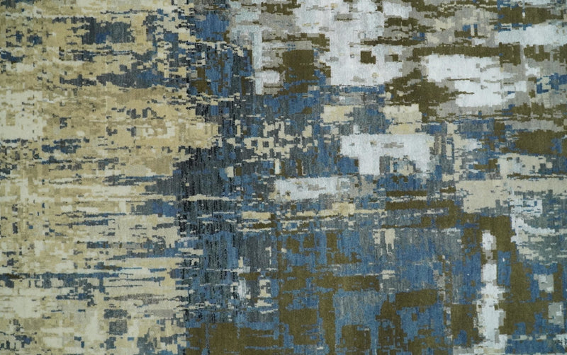 9x12 Fine Hand Knotted Beige and Blue Modern Abstract Style Antique Wool and Silk Area Rug | AGR31 - The Rug Decor