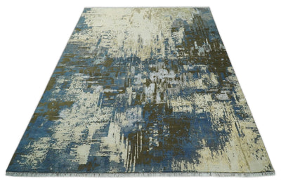 9x12 Fine Hand Knotted Beige and Blue Modern Abstract Style Antique Wool and Silk Area Rug | AGR31 - The Rug Decor