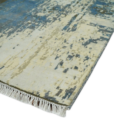 9x12 Fine Hand Knotted Beige and Blue Modern Abstract Style Antique Wool and Silk Area Rug | AGR31 - The Rug Decor