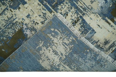 9x12 Fine Hand Knotted Beige and Blue Modern Abstract Style Antique Wool and Silk Area Rug | AGR31 - The Rug Decor