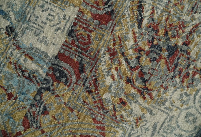 9x12 Fine Hand Knotted Beige and Blue Modern Abstract Style Antique Wool and Silk Area Rug | TRDCP661912 - The Rug Decor