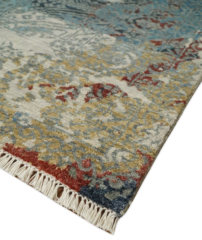 9x12 Fine Hand Knotted Beige and Blue Modern Abstract Style Antique Wool and Silk Area Rug | TRDCP661912 - The Rug Decor