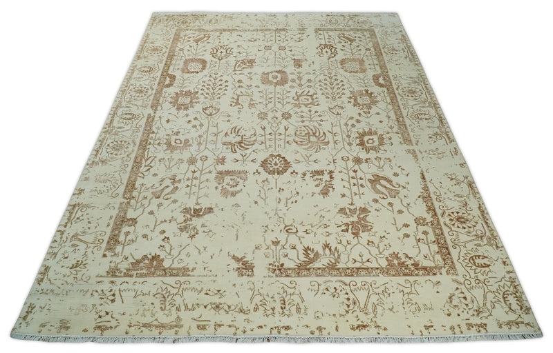 9x12 Fine Hand Knotted Beige and Brown Traditional Vintage Persian Style Antique Wool and Silk Rug | AGR46 - The Rug Decor