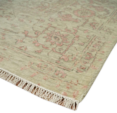9x12 Fine Hand Knotted Beige and Peach Traditional Vintage Persian Style Antique Wool and Silk Rug | TRDCP662912 - The Rug Decor