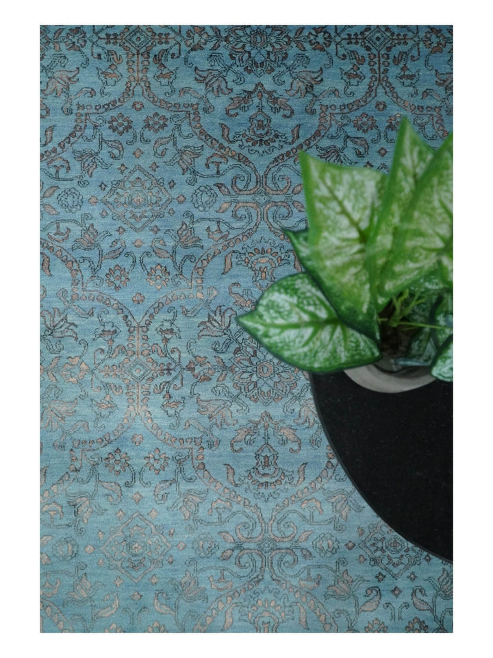 9x12 Fine Hand Knotted Blue and Brown Traditional Vintage Persian Wool and Silk Area Rug | AGR32 - The Rug Decor