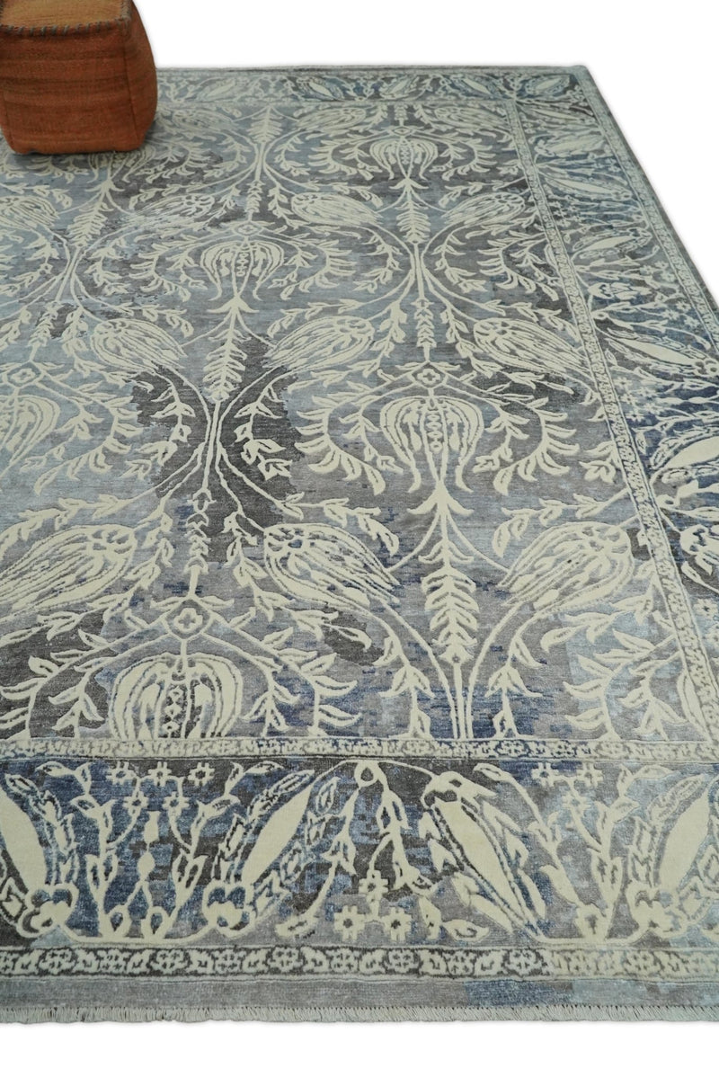 9x12 Fine Hand Knotted Blue, Beige and Gray Traditional Persian style Bamboo Silk Rug | TRDCP546912 - The Rug Decor