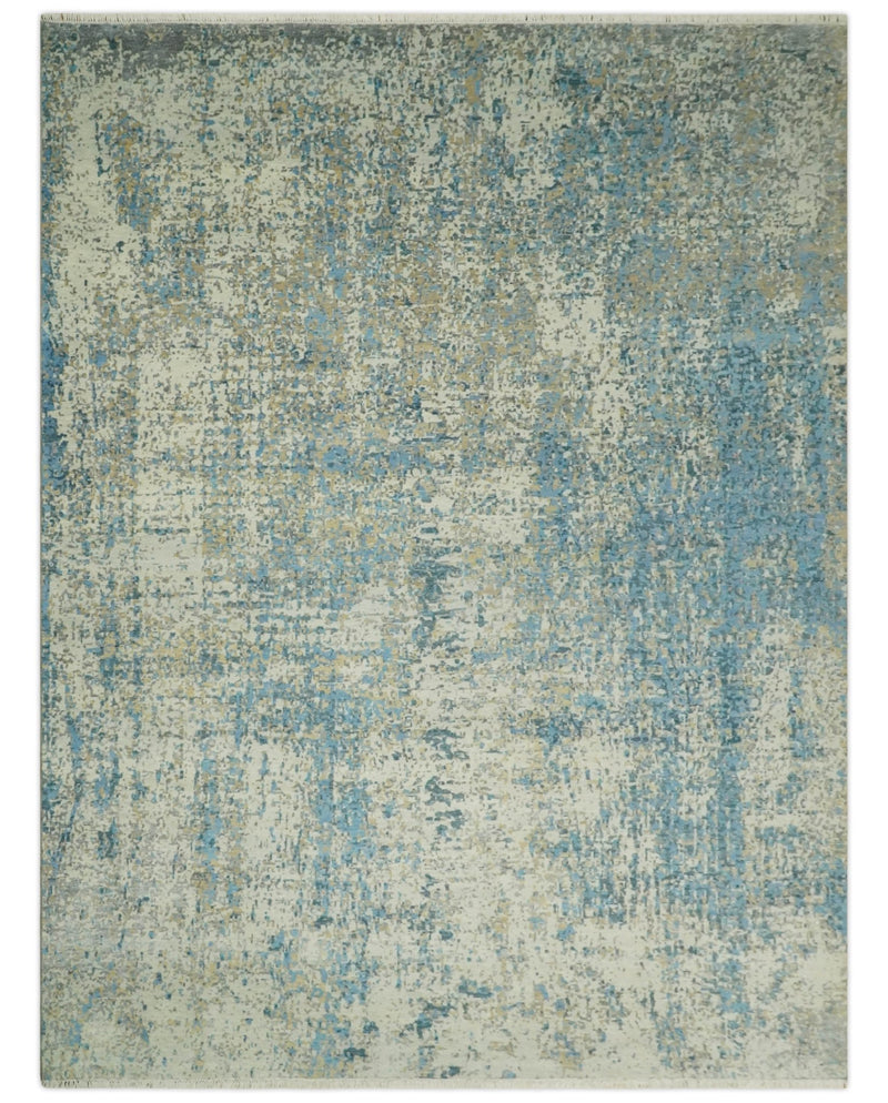 9x12 Fine Hand knotted Bue and Beige Traditional Modern Abstract Wool and Bamboo Silk Area Rug | TRDCP675912 - The Rug Decor